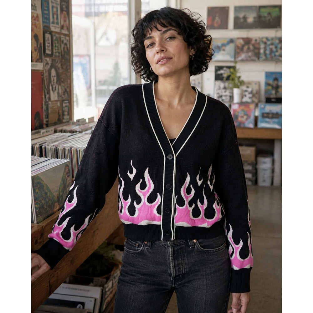Nikka K Women's Flames Knit Cardigan Black Pink Large Cropped Sweater Button